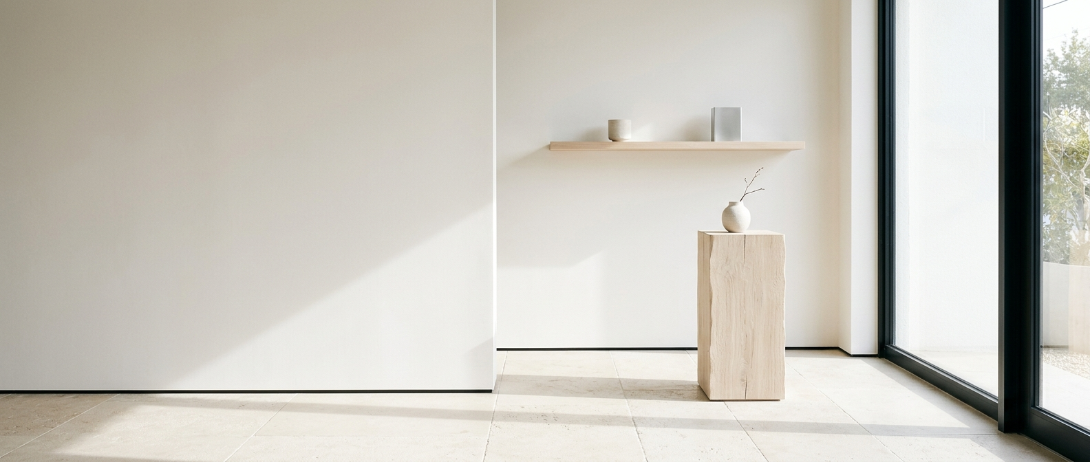 A bright minimal retail interior in pale oak, plaster and limestone, filled with daylight