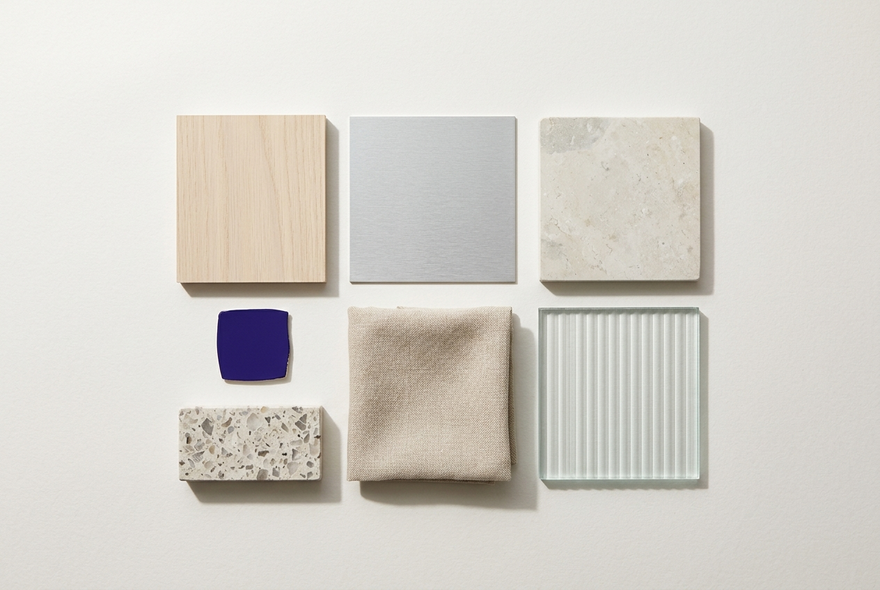 Overhead arrangement of oak, aluminium, limestone, fluted glass and linen material samples