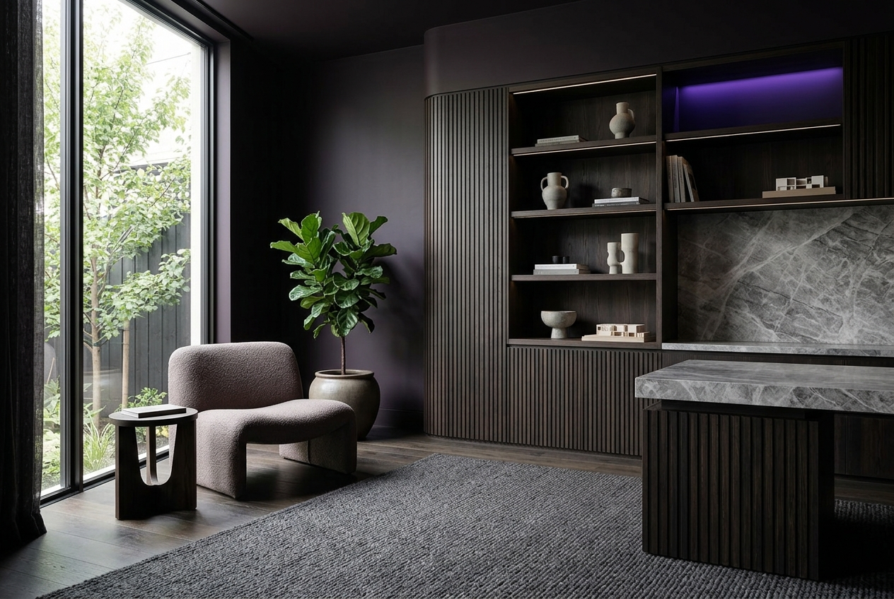 A dark fluted-oak joinery wall with a violet-lit display recess, stone counter and daylight from a full-height window