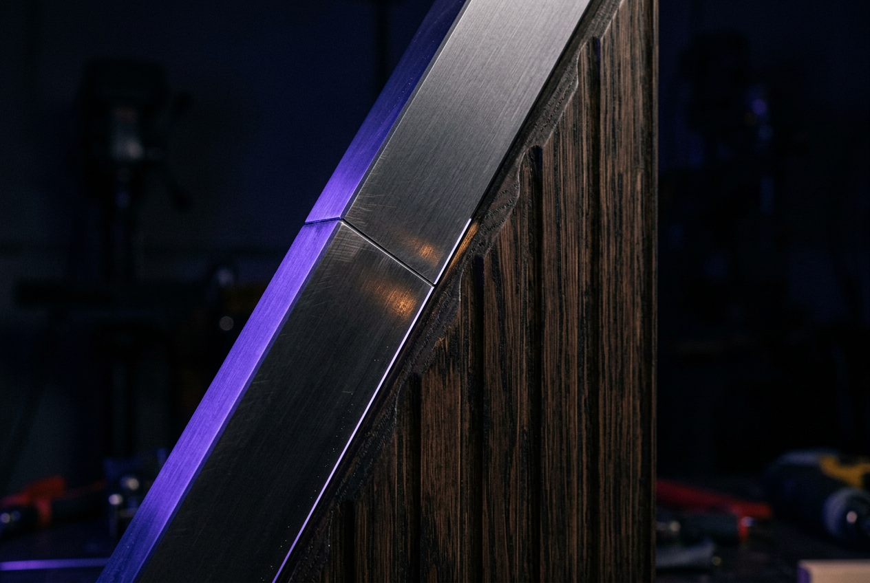 A raking workshop view of a steel-edged dark timber fixture lit along its edge in violet