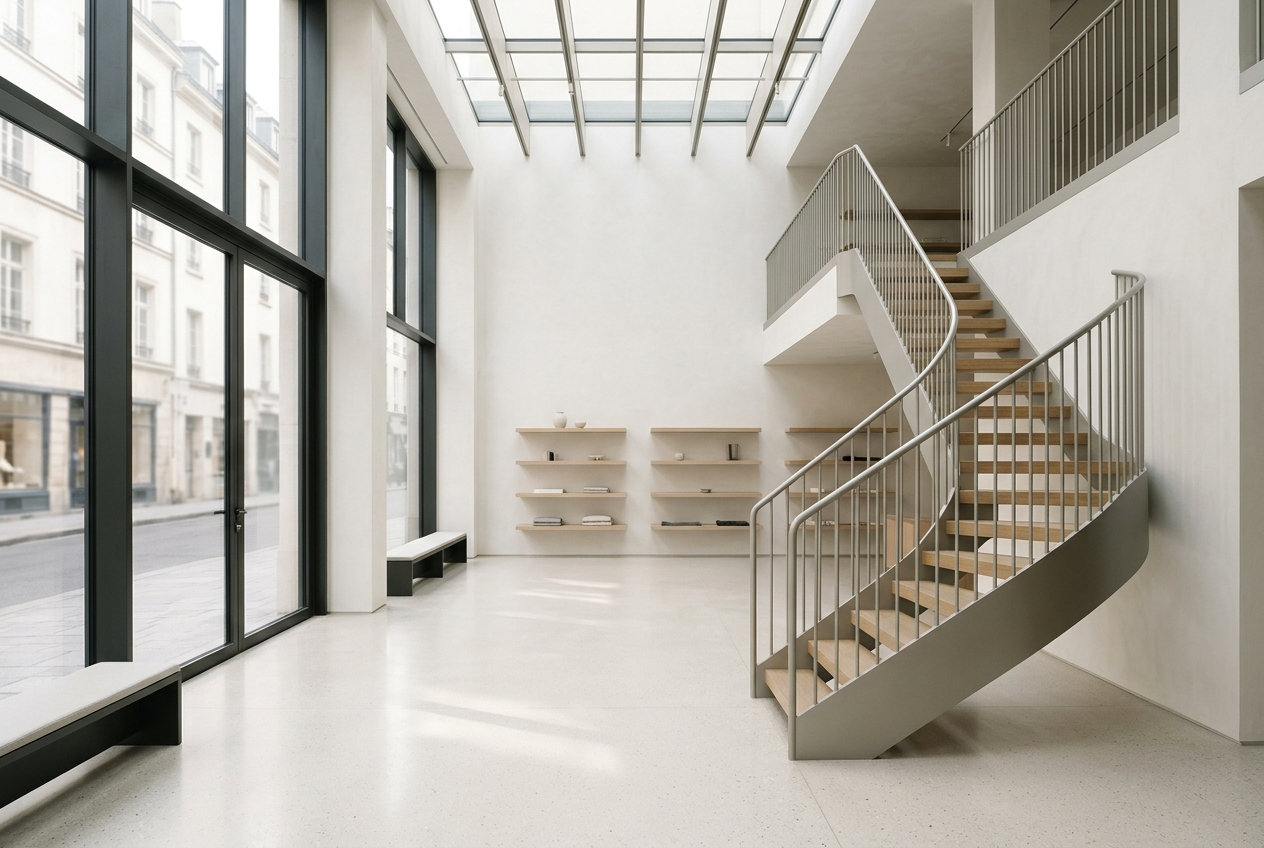 A double-height daylit flagship interior with an open staircase and floating oak shelving