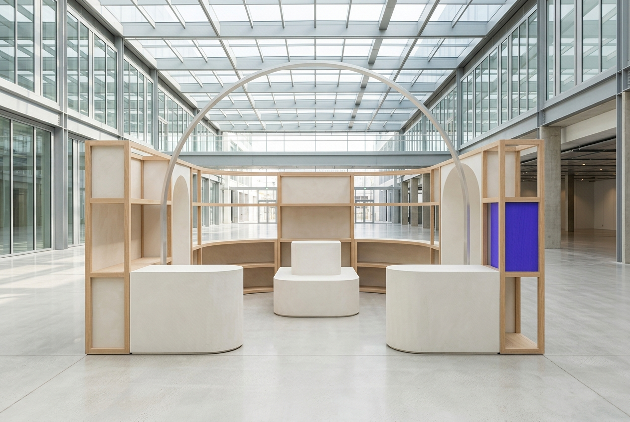 A modular pop-up structure of oak frames and plaster plinths with one violet panel