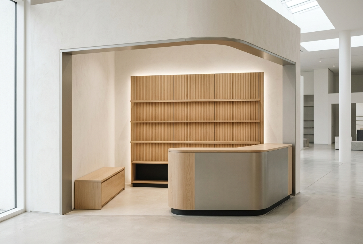 A pale oak and aluminium counter with a fluted back-wall display system