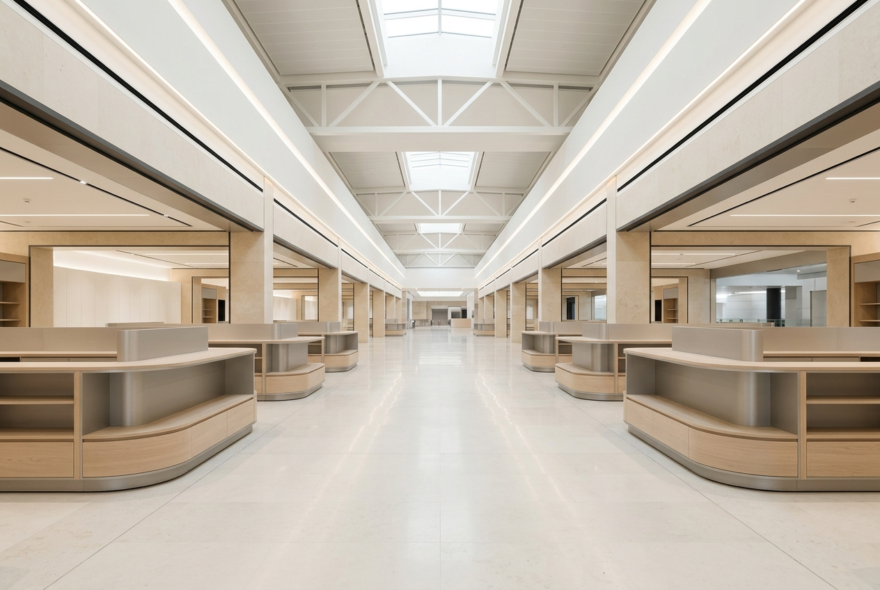 A daylit airport retail concourse with low curved island display units
