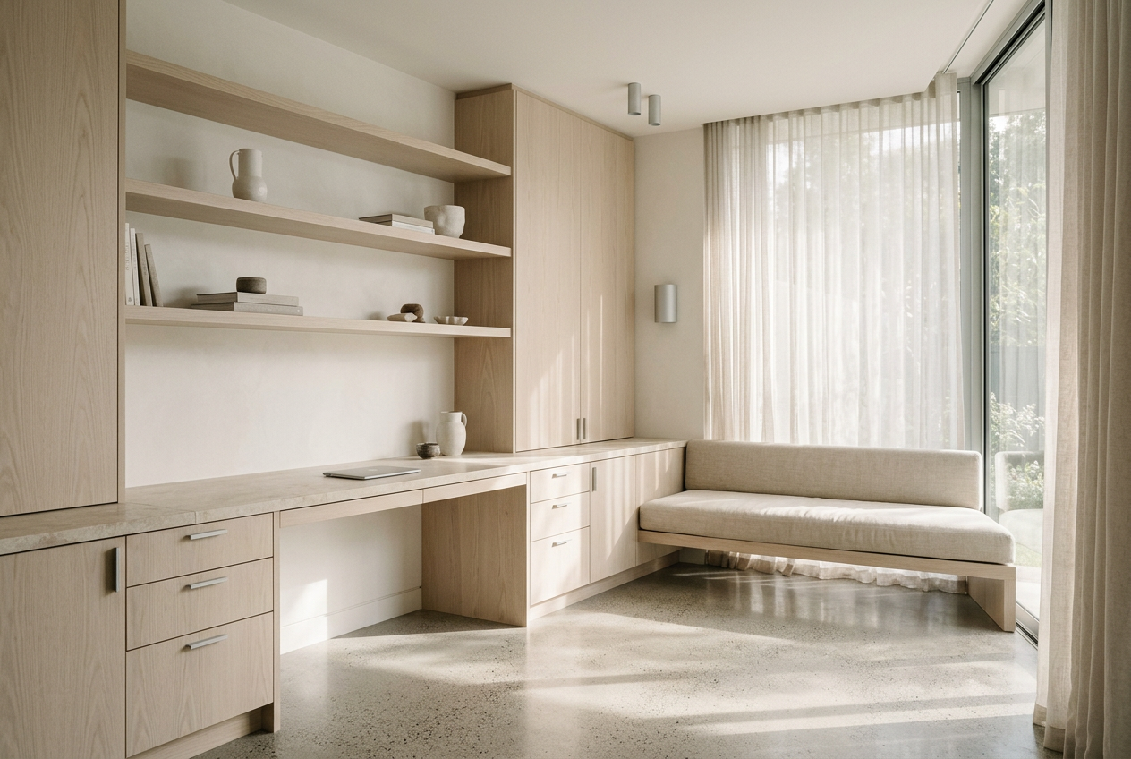 A calm interior with oak joinery, a linen bench and sheer daylight